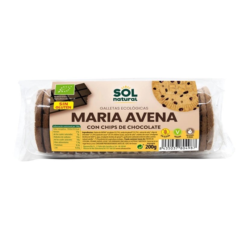 Galletas Maria de Avena con chips chocolate sin gluten Eco 200g Sol Natural.&nbsp;4,70€