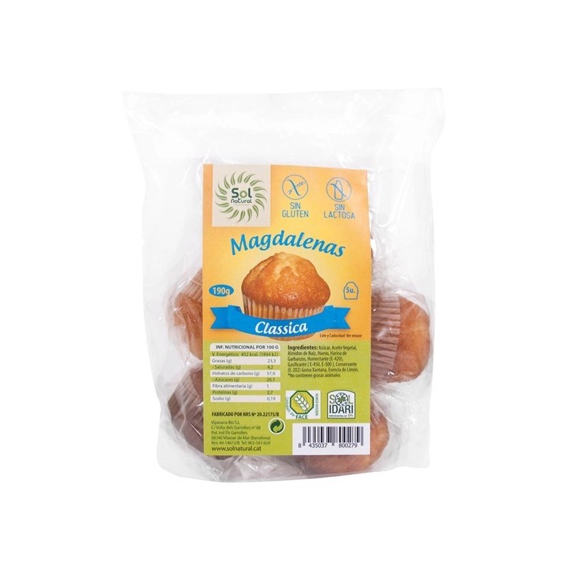 Magdalenas clásicas sin gluten sin lactosa Eco Sol Natural.&nbsp;2,50€