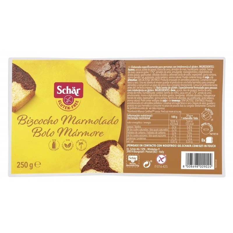 Marble cake 250g. Sin Gluten Sin Lactosa Sin Aceite de Palma Schar.&nbsp;3,90€