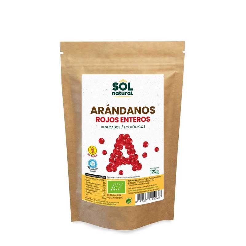Arándanos rojos sin azucar bio 125g Sol Natural.&nbsp;4,80€