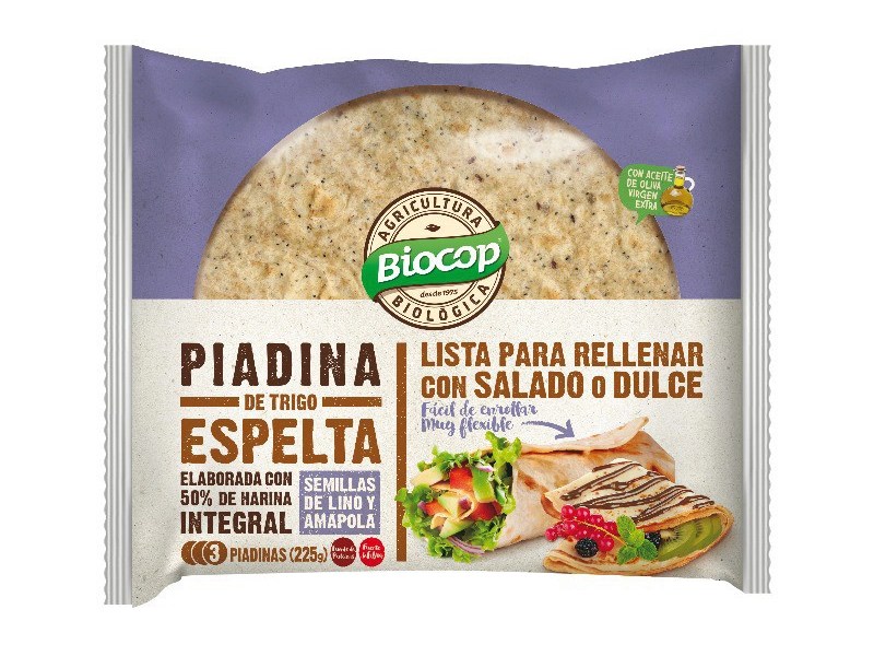 Piadina de trigo espelta con semillas de lino y amapola vegano Eco 225g Biocop.&nbsp;3,70€