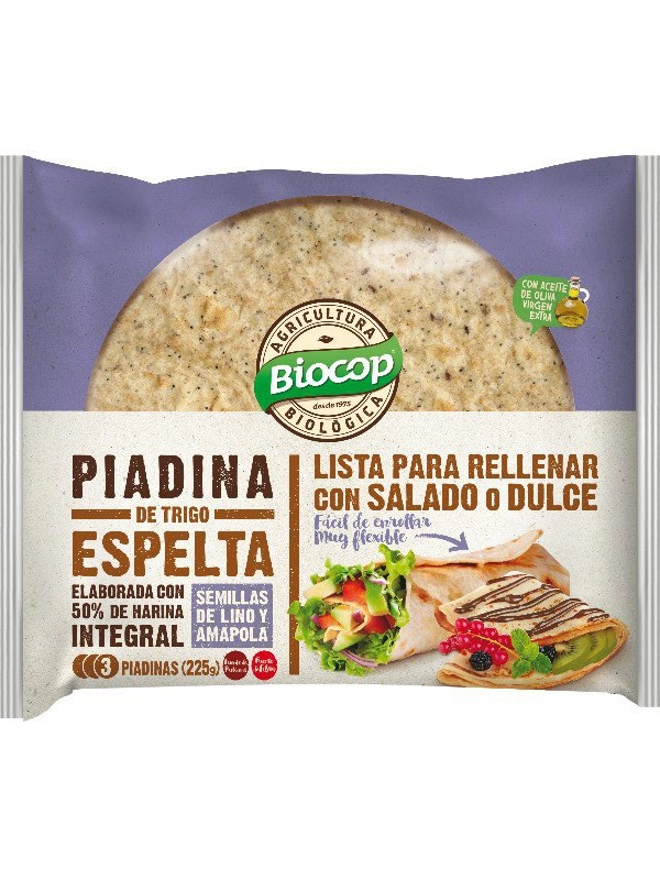 Piadina de trigo espelta con semillas de lino y amapola vegano Eco 225g Biocop.&nbsp;3,70€