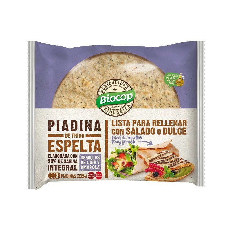 Piadina de trigo espelta con semillas de lino y amapola vegano Eco 225g Biocop.&nbsp;3,70€